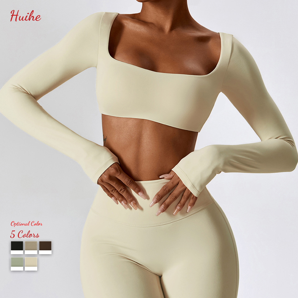 HUIHE Long Sleeved Yoga Clothes Outdoor Running Sports T-Shirt Quick Drying Tight Fitting Fitness Tops Pants Suit