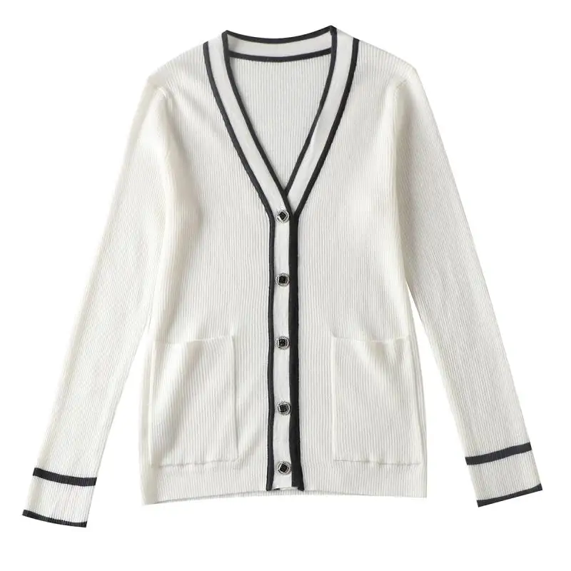 Customized Casual Soft Breathable Women's Long Sleeve Deep V Neckline Button Down Knit Sweater Cardigan