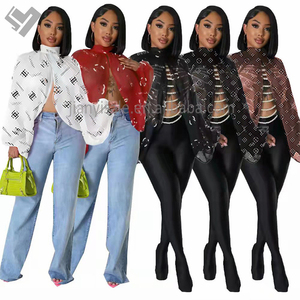 Blus jaring terpisah turtleneck musim semi wanita merek terkenal blus jaring cetak mewah lengan panjang blus sifon perspektif atasan - Product Image 1