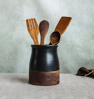 Pot de rangement en grès céramique noir mat pour ustensiles, organisateur de cuillères, décoration de cuisine rustique