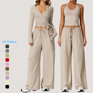 3 Piece Yoga Set Women One Piece <strong>Wrap</strong> Long Sleeve Tank Wide Leg <strong>Pants</strong> Quick Dry Activewear Fitness Outfit - Product Image 5