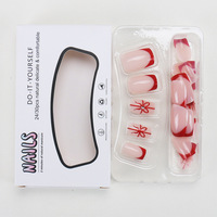 Faux ongles à presser courts carrés, rouge French manucure, base nude avec nœud et strass, en acrylique, cadeau pour filles