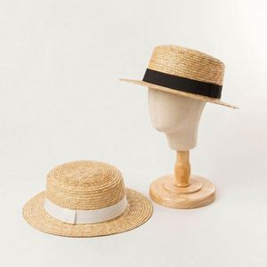 Kids <b>Flat</b> Top Natural Straw <b>Hat</b> Wholesale Skimmer Boater Straw <b>Hat</b> - Product Image 2