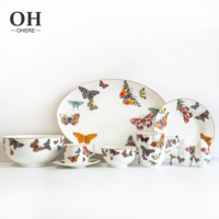 Service de Table Bohème de Luxe Écologique en Porcelaine Fine de Haute Qualité avec Motifs Papillons Colorés – Assiettes, Bols et Accessoires pour le Thé – Style Classique