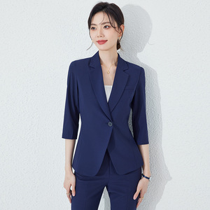 Women's Navy Blue Three Quarter Sleeve Suit Set Polyester Anti-Wrinkle Office Lady Summer Formal <b>Work</b> Uniform - Product Image 4
