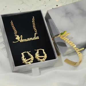 Custom kids Initial Name Jewelry Set Gold Stainless Steel Nameplate Letter Necklace Cuff Bangle Baby Girl Mini Hoop Earring