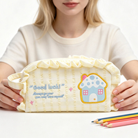 Estuche de lápices con volantes y estampado de guinga, estilo estético y lindo, con bordado, bolsa de papelería suave de seersucker en colores pastel para adolescentes, regreso a clases