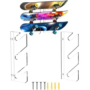 スノーボード用ハンガー付きアクリルスケートボードウォールマウント水平ディスプレイラックスケートボードデッキ収納壁のスペースを節約デザイン