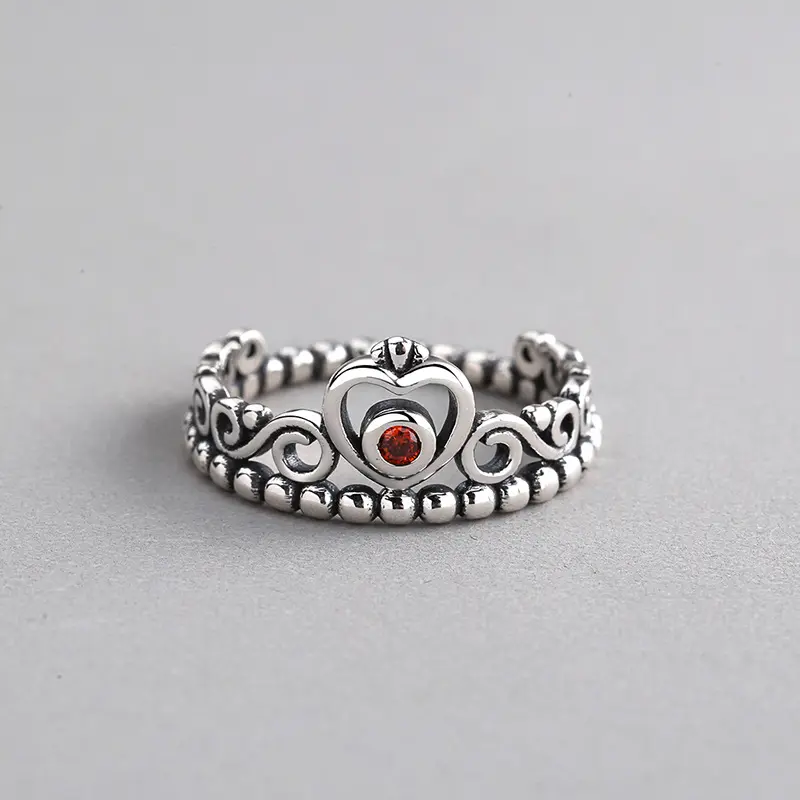 S925 Sterling Silver heart crown created ruby Ring Finger auspicious cloud band High Polish Thai Silver bead Rings for Women men
