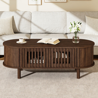Table basse ovale avec rangement, 2 portes à lattes, porte à enroulement, table en MDF avec pieds en bois massif pour salon
