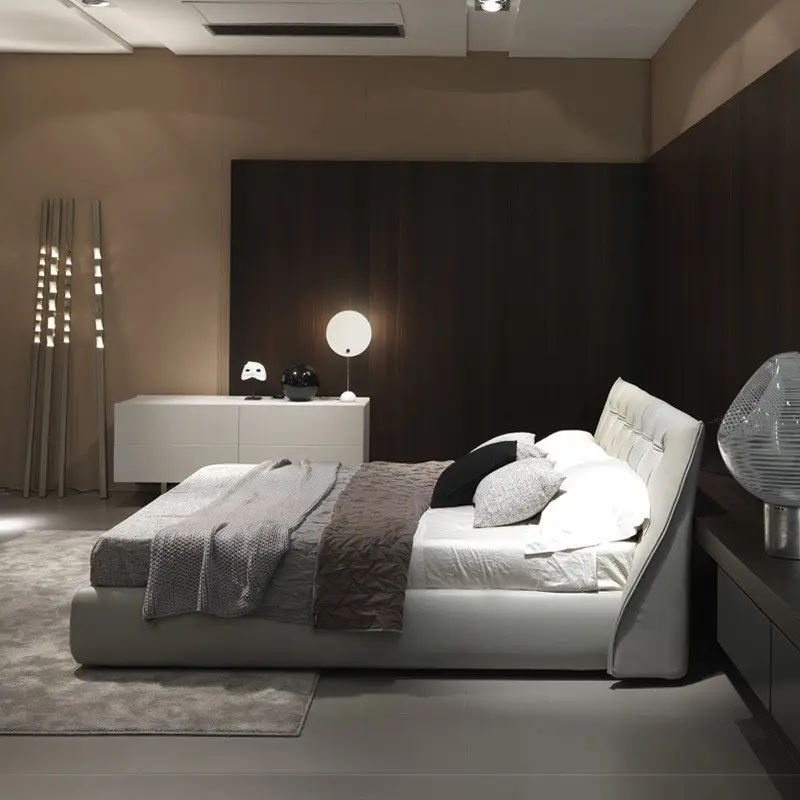 Luce in pelle italiana letto di lusso semplice in legno camera da letto con cuciture modello di design letti matrimoniali