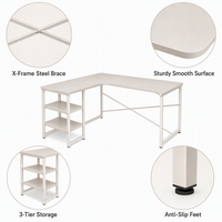 Bureau d'angle en forme de L blanc, avec structure en acier en X, bureau d'ordinateur pour la maison ou le bureau, avec étagère de rangement à 3 niveaux