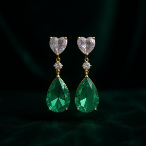 E1872 Orecchini pendenti in cristallo verde a forma di cuore, gioielli da festa di lusso da donna in oro 18 carati - Product Image 2