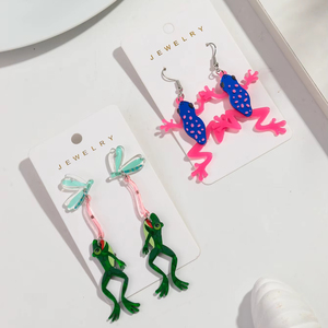 Nuevo creativo animales lindos moda personalizado impreso insecto Rana libélula pendiente largo acrílico gota pendientes para hombres mujeres