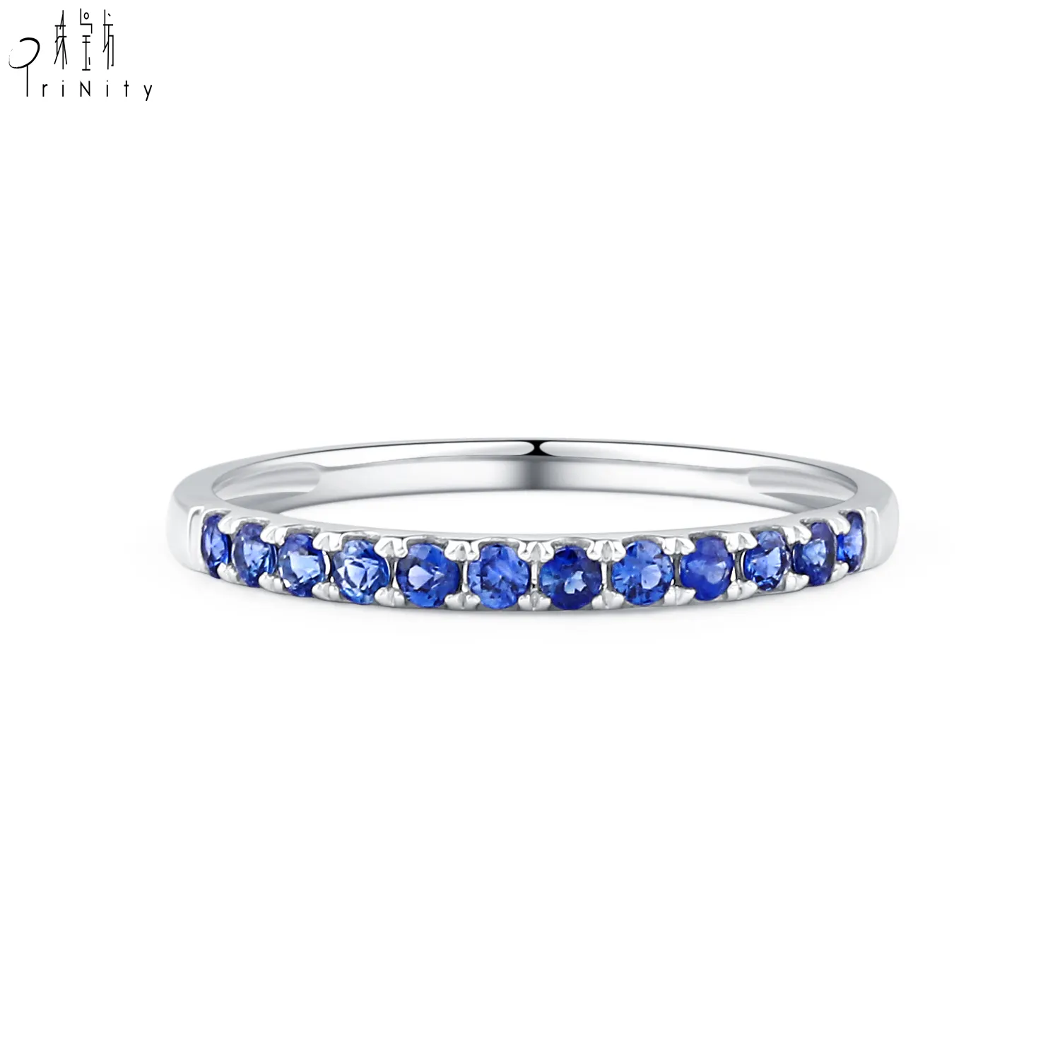 Simple Design Stackable Ring Real Natural Blue Sapphire Jewelry 18K White Gold Half Eternity Finger Rings