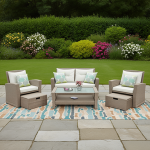 Ensemble de meubles de patio d'extérieur en rotin beige gris résistant aux intempéries, 4 pièces, canapé de conversation de jardin avec coussins, design contemporain - Product Image 2