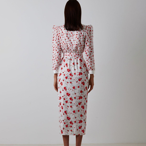 <span class=keywords><strong>Abito</strong></span> Midi Vintage da Donna con Cintura, <span class=keywords><strong>Spacco</strong></span> Frontale e Maniche Lunghe, Vestito Floreale Autunnale - Product Image 3