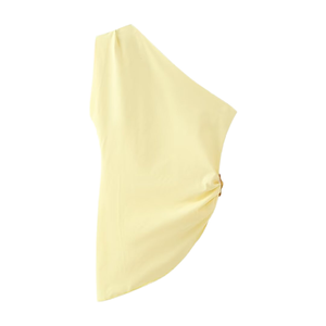 TAOP&ZA Ropa de Mujer 2024 Verano Amarillo Transpirable Tejido con Hebilla Decorativa Cuello Oblicuo Top Tubo Chaleco Plisado Asimétrico - Product Image 1
