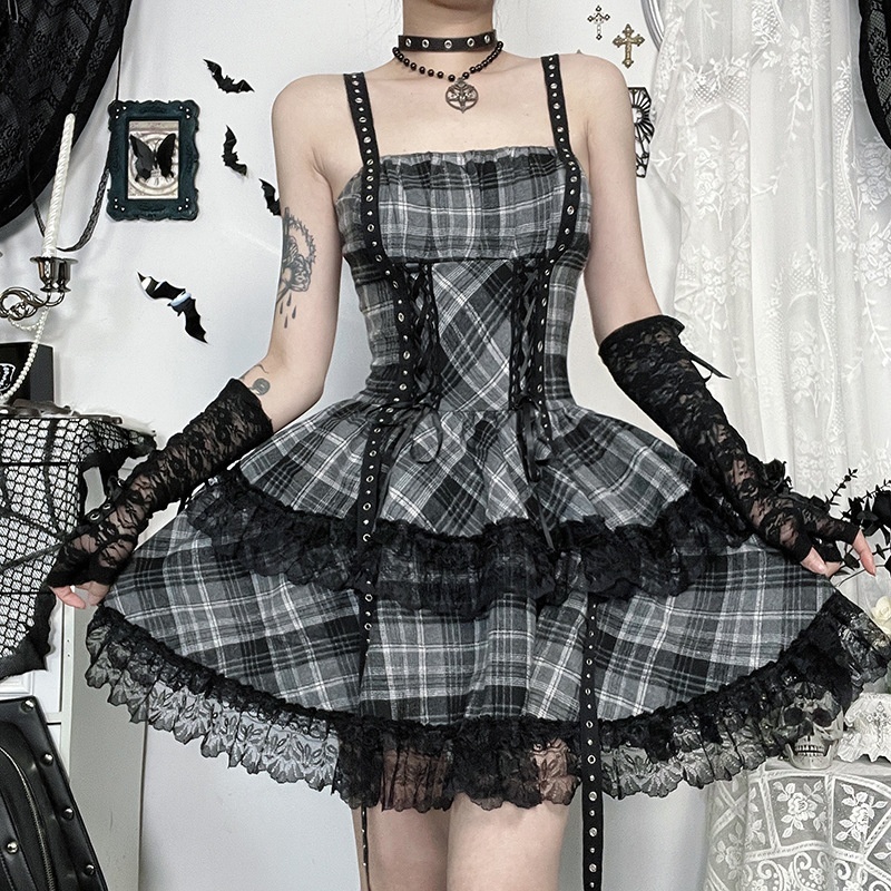 Gothic Lolita Plaid Summer Dress Tiered Skirt Sleeveless Lace-up Corset Details Gray Black Checkered Lace Trim (Wholesale