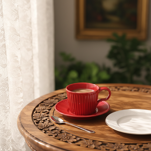Taza de Café de Cerámica <span class=keywords><strong>Roja</strong></span> Brillante con Borde Acanalado y Platillo a Juego, Taza Moderna con Rayas para Servir Té, Latte y Espresso en Casa, Oficina o Cafetería - Product Image 4