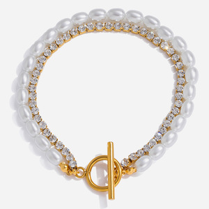 Bracelet double couche en perles avec fermoir en T doré, bijoux pour femmes, à porter au quotidien - Product Image 1