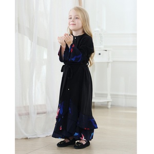 63740# Black Nida Floral Print Little Girl Dress Muslim Girls Abaya Clothing Kids Boutique Dresses - Product Image 5