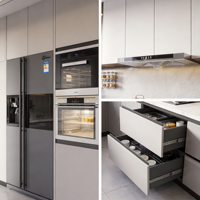 Meubles de cuisine en L laqués mats sur mesure, comptoir en quartz, unités d'appareils électroménagers intégrées, projets de maison modernes