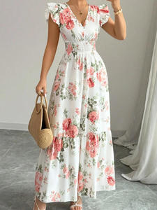 Vestido Maxi Elegante y Transpirable de Verano para Mujer, Estilo Casual/Formal, sin Mangas, Cuello en V, Estampado Floral, con Volantes en el Dobladillo - Product Image 5