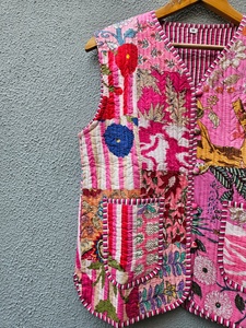 <b>Women</b>’s Handblock Printed Pink Floral Quilted Cotton <b>Jacket</b> <b>Lightweight</b> Quilted Ethnic with Button Front for <b>Women</b> Stylish - Product Image 3