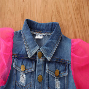 2022 Spring Autumn Fashion Infant Kids Outwear Ripped Denim Single Breasted Puff Mesh Lantern Sleeve Lapel Coats Girls Jacket - Product Image 5