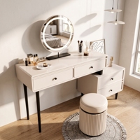 Coiffeuse moderne avec miroir LED et tabouret, ensemble de table de maquillage avec armoire latérale et tiroirs pour chambre à coucher