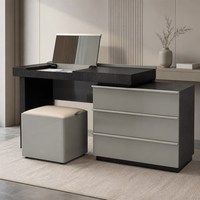 Ensemble de coiffeuse modulaire avec armoire latérale, miroir dissimulé, coiffeuse grise brillante avec tiroirs pour la décoration de la chambre à coucher