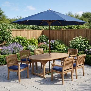 Teak Garden 6 Seater Dining Furniture Set Blue Umbrella <b>Outdoor</b> Modern <b>Foldable</b> Weather Resistant Wooden <b>Table</b> Chairs - Product Image 1