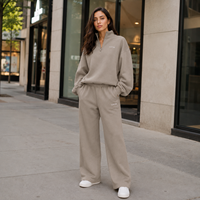 Ensemble décontracté sportif pour femme : Sweat-shirt oversize à col montant et demi-zip, pantalon large, imprimé rétro de haute qualité