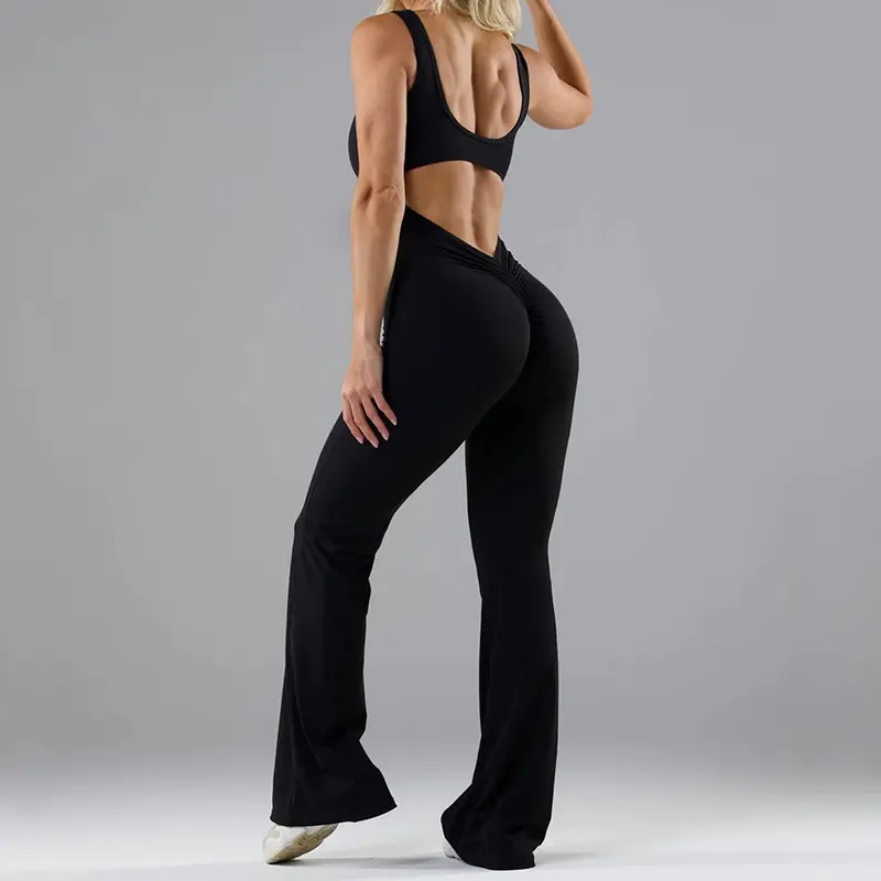 Monos acampanados con espalda en V para mujer Sujetador incorporado Mameluco de longitud completa Unitard Monos de una pieza Ropa de gimnasio Ropa deportiva