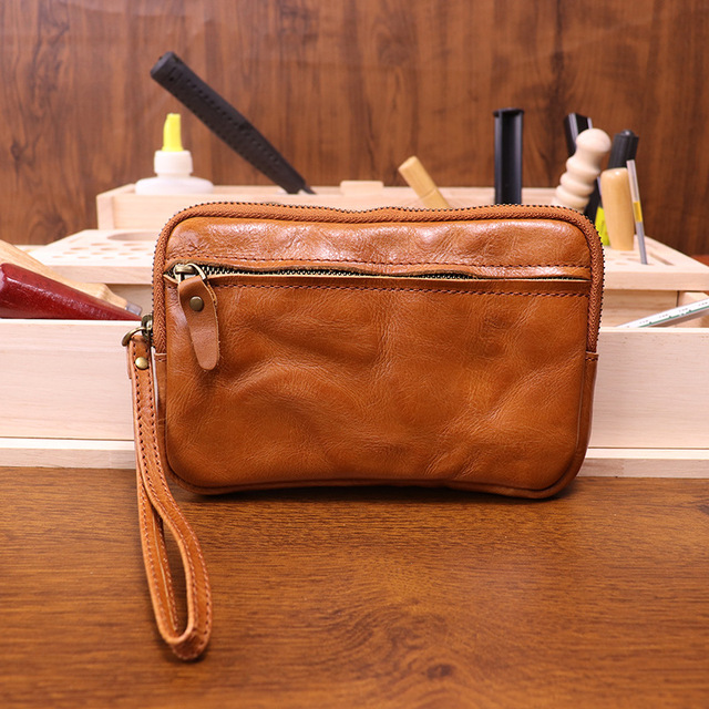 Handmade High Quality Genuine Leather Zipper Wallet Top Layer Cowhide Soft Phone Wallet For Men Women