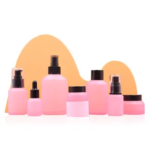 Pink Color Oil Dropper Emulsion Press Pump Head Glass Bottle 30ml 60ml 100ml Set Packaging Skin Care Bottle Face Cream Jars