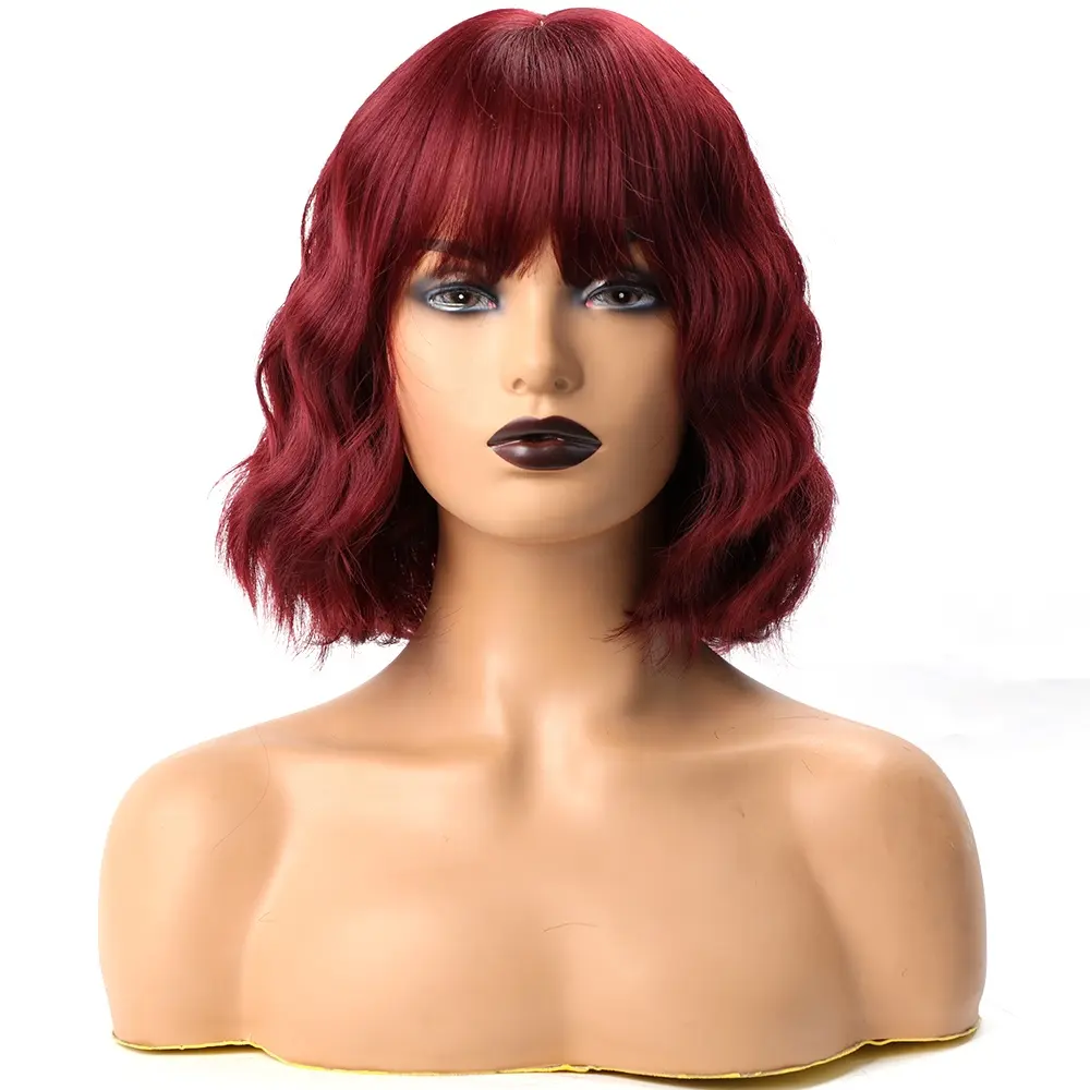 Short Wavy Wig with Bangs Red Synthetic Wigs For Women Natural Brown Mixed Black Hair Bob Wigs Heat Resistant Fiber