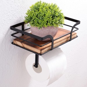 <span class=keywords><strong>Porte</strong></span>-<span class=keywords><strong>papier</strong></span> hygiénique ferme en <span class=keywords><strong>métal</strong></span> noir Oniya avec étagère pour accessoires de salle de bain rustiques avec étagère en <span class=keywords><strong>bois</strong></span> brun chaud - Product Image 1