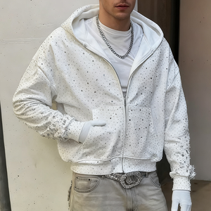 Nhà Sản Xuất Tùy Chỉnh Phong Cách Đường Phố Nặng Trọng Lượng Thiết Kế Sang Trọng Bông Kim Cương Rhinestone Zip up Áo Cho Nam Giới - Product Image 1