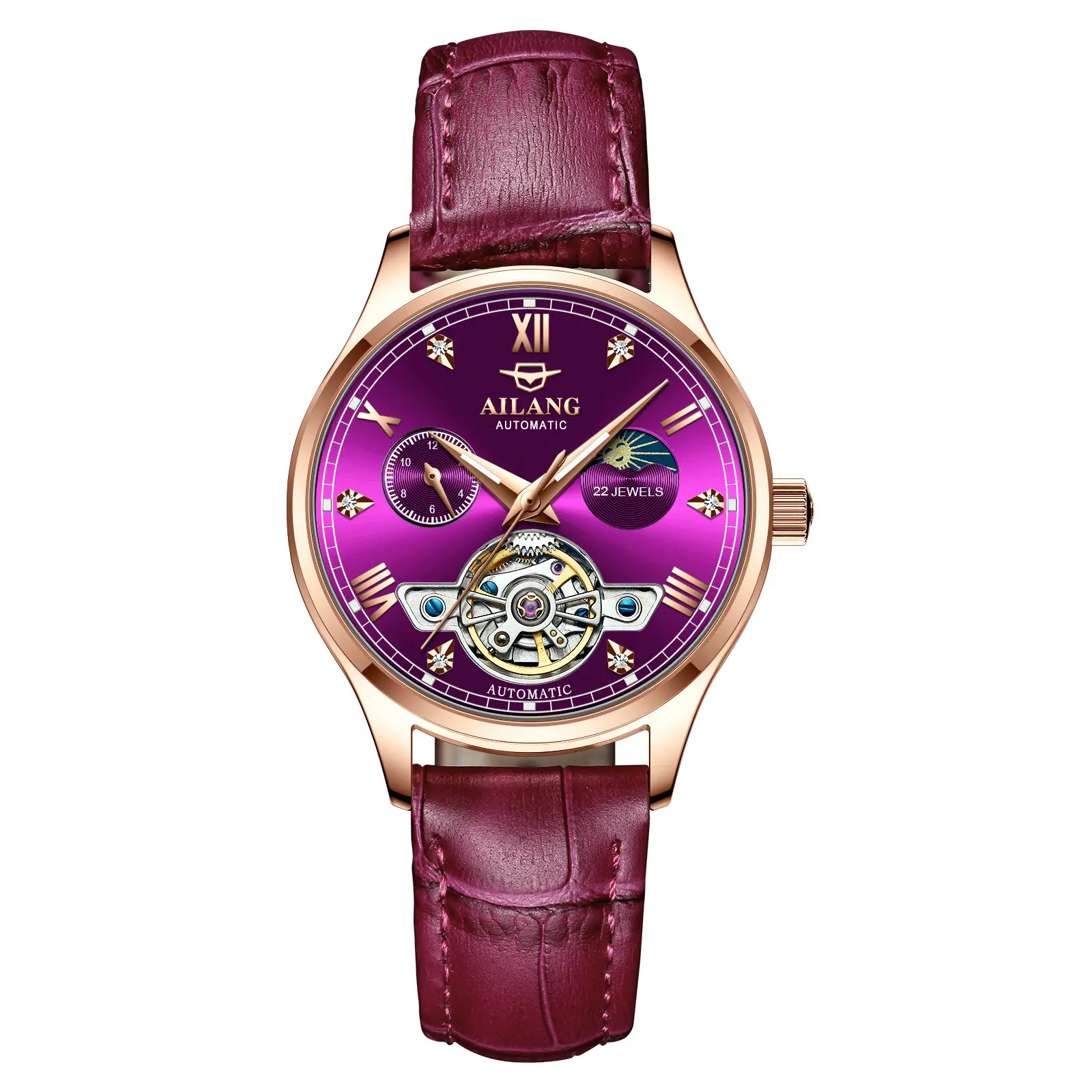Women Automatic Mechanical Watches Diamond WristWatches Ladies Rose Leather Watch 30m Waterproof Luminous Hands Clock