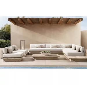 Patio Minimalist Design Outdoor Furniture Solid Teak Wooden Ultra-Deep Seats Thickness Cushions Sectional Sofas