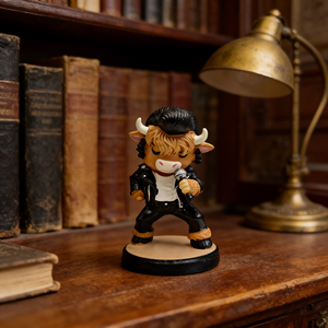 Figurine de vache des Highlands rock'n'roll, statue de vache chantante rétro style Elvis, microphone, décoration de bureau à domicile, cadeau original parfait - Product Image 4
