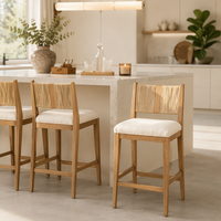 Tabouret de comptoir en bois de frêne Japandi Wabi-Sabi |   Dossier en corde tressée à la main |   Siège rembourré en lin Off-White |   Bar à domicile stable