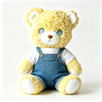Boneka Beruang Kuning Keriting Custom dengan Overall Denim yang Dapat Dilepas, Mata Biru Lucu, Boneka Beruang Isi Dakron Lembut, Boneka Hewan Beruang Plush