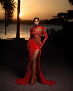 Robes de bal africaines de luxe perlées, sexy, à manches longues, style Aso Ebi, robes de soirée à traîne, personnalisées, pour fêtes formelles - Product Image 5