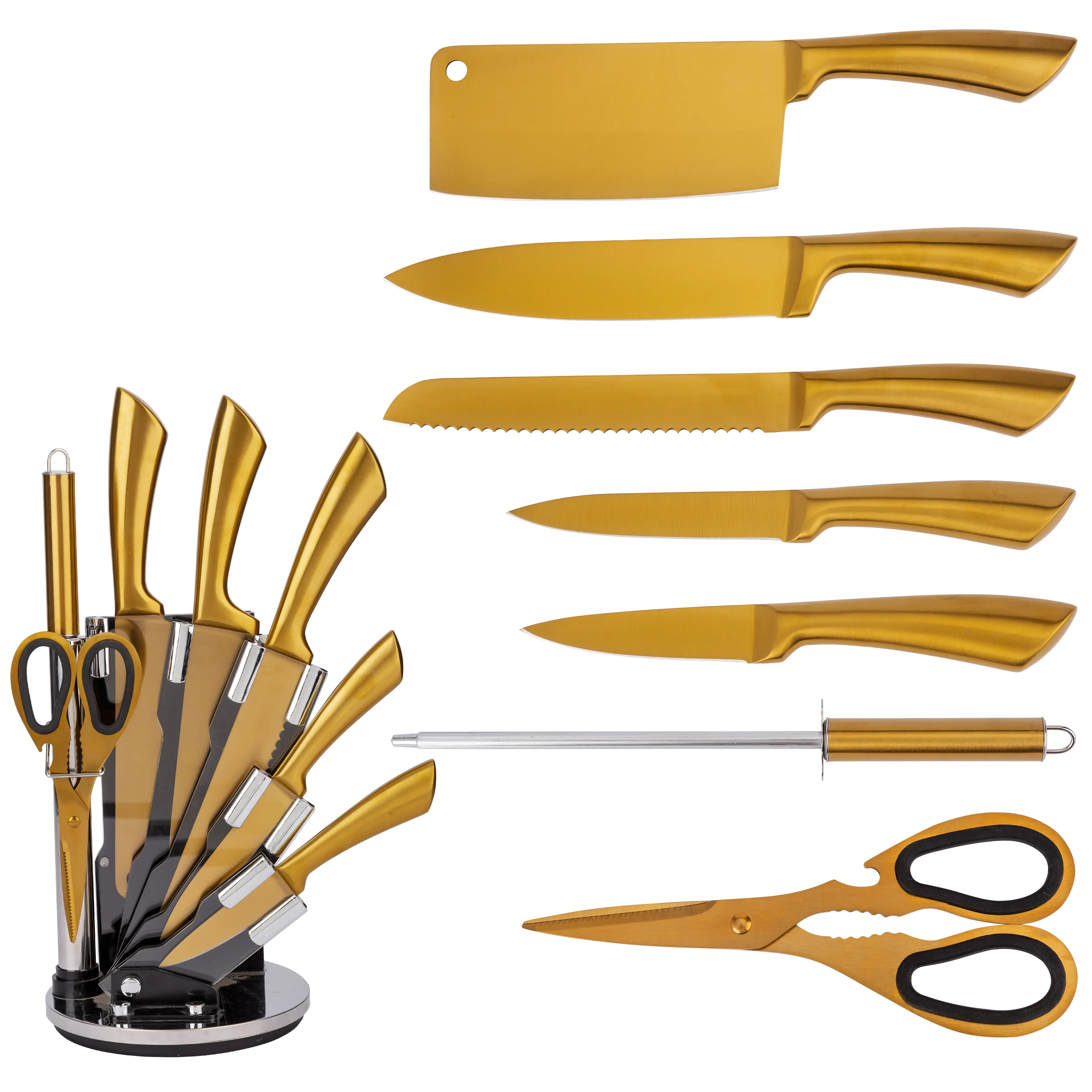 Atacado Golden Kitchen Knife Set Lâmina De Aço Inoxidável Com Ouro Titanium Revestido Chef Faca Set