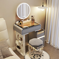 Table de maquillage suspendue en gros, coiffeuse moderne avec miroir rond éclairé par LED, plateau en verre, mobilier de chambre pour appartement et maison