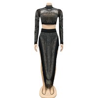 Vente en gros d'usine, top court à manches longues en maille noire et cristal, ensemble jupe asymétrique, ensemble 2 pièces avec strass, tenue de club