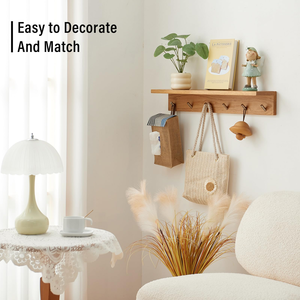 Estantes Flotantes de un Solo Nivel con Ganchos Metálicos, Estante de Pared de Bambú para Decoración del Hogar, para Baño, Sala de Estar, Opciones de Varios Tamaños - Product Image 4